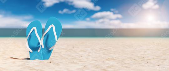 Two blue flip-flop sandals on a tropical beach on summer vacation, travel Concept image  : Stock Photo or Stock Video Download rcfotostock photos, images and assets rcfotostock | RC Photo Stock.:
