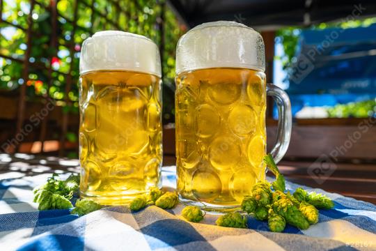 Two full cold beer mugs on a blue and white checkered tablecloth with hops in the foreground at Oktoberfest, Munich, Germany  : Stock Photo or Stock Video Download rcfotostock photos, images and assets rcfotostock | RC Photo Stock.: