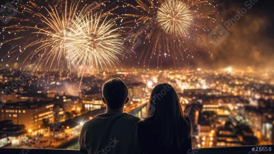 Two people, viewed from behind, are watching a spectacular fireworks display over a cityscape at night, illuminating the sky with brilliant bursts of color  : Stock Photo or Stock Video Download rcfotostock photos, images and assets rcfotostock | RC Photo Stock.: