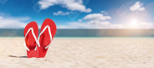 Two red flip-flop sandals on the beach on summer vacation, travel Concept image  : Stock Photo or Stock Video Download rcfotostock photos, images and assets rcfotostock | RC Photo Stock.: