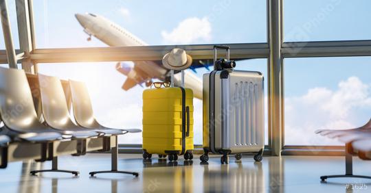 Two suitcases in the airport departure lounge, airplane in the blurred background, summer vacation concept, traveler suitcases in airport terminal waiting area  : Stock Photo or Stock Video Download rcfotostock photos, images and assets rcfotostock | RC Photo Stock.: