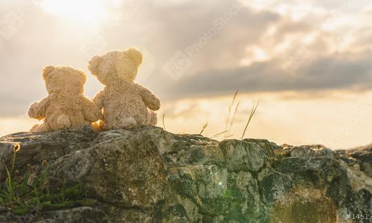 Two teddy bears sitting on a stone and holding hands with sunset light, rear view. Love theme. Concept about love and relationship. copyspace for your individual text.  : Stock Photo or Stock Video Download rcfotostock photos, images and assets rcfotostock | RC Photo Stock.: