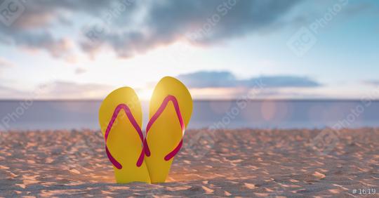 Two yellow flip-flop sandals in the beach against sunset sky in summer  : Stock Photo or Stock Video Download rcfotostock photos, images and assets rcfotostock | RC Photo Stock.: