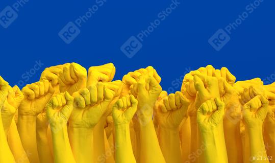 Ukraine People clenched fists punch air to Fight Back against Russia and Defend Freedom at War in Ukrainian Flag colors  : Stock Photo or Stock Video Download rcfotostock photos, images and assets rcfotostock | RC Photo Stock.: