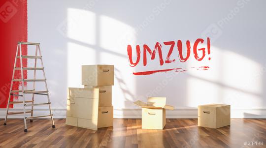 Umzug (German for: Relocation to a new apartment  ) written on wall with red fresh paint, Painting wall red in room of a apartment to relocation, with ladder and Moving boxes  : Stock Photo or Stock Video Download rcfotostock photos, images and assets rcfotostock | RC Photo Stock.: