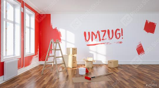 Umzug (German for: Relocation to a new apartment  ) written on wall with red fresh paint, Painting wall red in room of a apartment to relocation, with ladder, paint bucket and Moving boxes  : Stock Photo or Stock Video Download rcfotostock photos, images and assets rcfotostock | RC Photo Stock.: