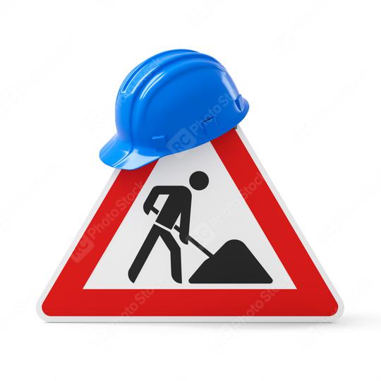 Under construction, road sign and blue safety helmet, isolated on white background. 3D rendering  : Stock Photo or Stock Video Download rcfotostock photos, images and assets rcfotostock | RC Photo Stock.: