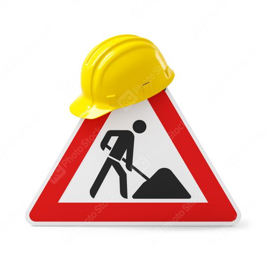 Under construction, road sign and safety helmet, isolated on white background. 3D rendering  : Stock Photo or Stock Video Download rcfotostock photos, images and assets rcfotostock | RC Photo Stock.: