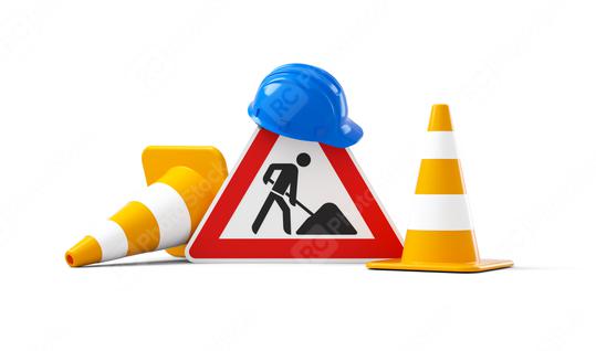 Under construction, road sign, traffic cones and blue safety helmet, isolated on white background. 3D rendering  : Stock Photo or Stock Video Download rcfotostock photos, images and assets rcfotostock | RC Photo Stock.: