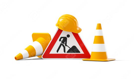 Under construction, road sign, traffic cones and orange safety helmet, isolated on white background. 3D rendering  : Stock Photo or Stock Video Download rcfotostock photos, images and assets rcfotostock | RC Photo Stock.: