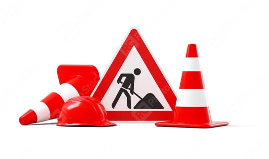 Under construction, road sign, traffic cones and red safety helmet, isolated on white background. 3D rendering  : Stock Photo or Stock Video Download rcfotostock photos, images and assets rcfotostock | RC Photo Stock.: