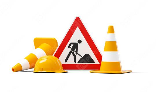 Under construction, road sign, traffic cones and safety helmet, isolated on white background. 3D rendering  : Stock Photo or Stock Video Download rcfotostock photos, images and assets rcfotostock | RC Photo Stock.: