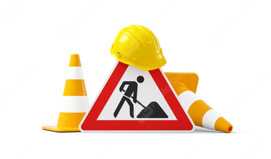 Under construction, road sign, traffic cones and safety helmet, isolated on white background. 3D rendering  : Stock Photo or Stock Video Download rcfotostock photos, images and assets rcfotostock | RC Photo Stock.: