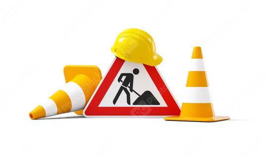 Under construction, road sign, traffic cones and yellow safety helmet, isolated on white background. 3D rendering  : Stock Photo or Stock Video Download rcfotostock photos, images and assets rcfotostock | RC Photo Stock.: