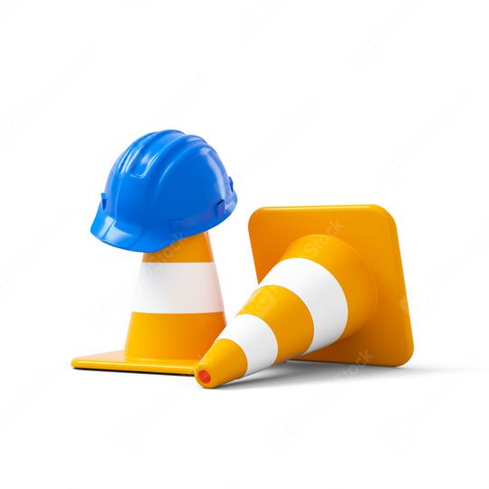 Under construction, traffic cones and blue safety helmet, isolated on white background. 3D rendering  : Stock Photo or Stock Video Download rcfotostock photos, images and assets rcfotostock | RC Photo Stock.: