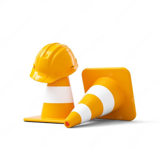 Under construction, traffic cones and safety helmet, isolated on white background. 3D rendering  : Stock Photo or Stock Video Download rcfotostock photos, images and assets rcfotostock | RC Photo Stock.: