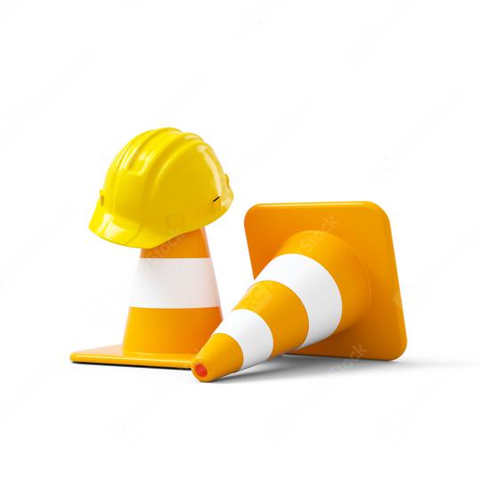 Under construction, traffic cones and yellow safety helmet, isolated on white background. 3D rendering  : Stock Photo or Stock Video Download rcfotostock photos, images and assets rcfotostock | RC Photo Stock.: