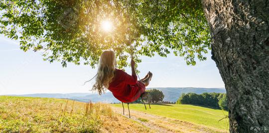 Unrecognizable girl in red dress swaying on a tree swing on peaceful evening. Lady sitting on a wooden swing and looking at golden sunset. Young woman swinging at sunrise  : Stock Photo or Stock Video Download rcfotostock photos, images and assets rcfotostock | RC Photo Stock.: