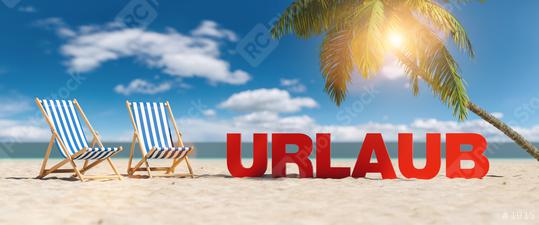 Urlaub (German for: vacation) concept with slogan on the beach with deckchairs, Palm tree and blue sky  : Stock Photo or Stock Video Download rcfotostock photos, images and assets rcfotostock | RC Photo Stock.: