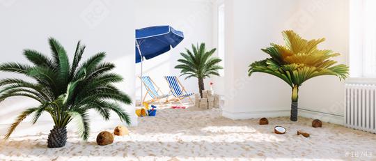Vacation at home with the beach and palm trees and lounge chairs in the living room at Coronavirus Lockdown Infection Protection  : Stock Photo or Stock Video Download rcfotostock photos, images and assets rcfotostock | RC Photo Stock.: