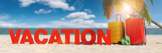Vacation concept with slogan on the beach with Suitcase, Palm tree, flip-flops and blue sky  : Stock Photo or Stock Video Download rcfotostock photos, images and assets rcfotostock | RC Photo Stock.: