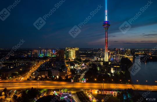 View of Dusseldorf with the illuminated rhine tower at night  : Stock Photo or Stock Video Download rcfotostock photos, images and assets rcfotostock | RC Photo Stock.: