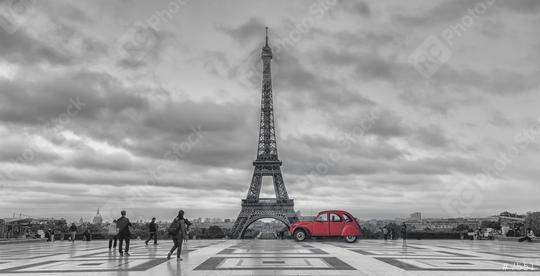 View over Trocadero square to the Eiffell Tower with red retro car, in black and white color-key. Paris, France  : Stock Photo or Stock Video Download rcfotostock photos, images and assets rcfotostock | RC Photo Stock.: