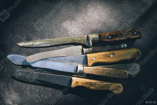 Vintage Butcher meat cleavers on dark wooden background  : Stock Photo or Stock Video Download rcfotostock photos, images and assets rcfotostock | RC Photo Stock.: