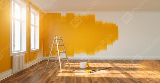 Wand mit gelber Farbe streichen bei Renovierung  : Stock Photo or Stock Video Download rcfotostock photos, images and assets rcfotostock | RC Photo Stock.: