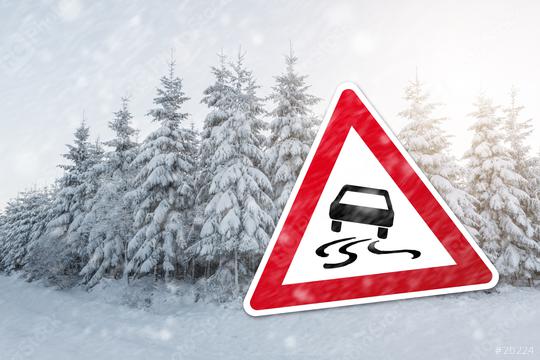 warning sign with car for ic smoothness at the winter season  : Stock Photo or Stock Video Download rcfotostock photos, images and assets rcfotostock | RC Photo Stock.: