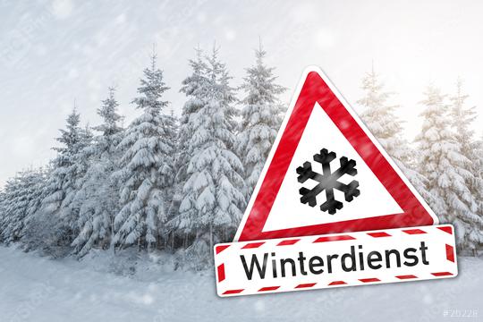 warning sign with German word Winterdienst (winter services) with snow flake for snowfall at the winter season  : Stock Photo or Stock Video Download rcfotostock photos, images and assets rcfotostock | RC Photo Stock.: