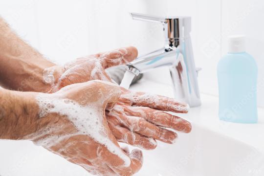 Washing hands man rinsing soap with running water at sink, Coronavirus prevention hand hygiene. Corona Virus pandemic protection by cleaning hands frequently.  : Stock Photo or Stock Video Download rcfotostock photos, images and assets rcfotostock | RC Photo Stock.: