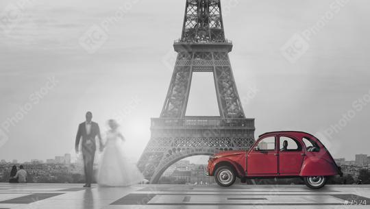 wedding couple with red classic car at the Trocadero with the Eiffel Tower, Paris, France  : Stock Photo or Stock Video Download rcfotostock photos, images and assets rcfotostock | RC Photo Stock.: