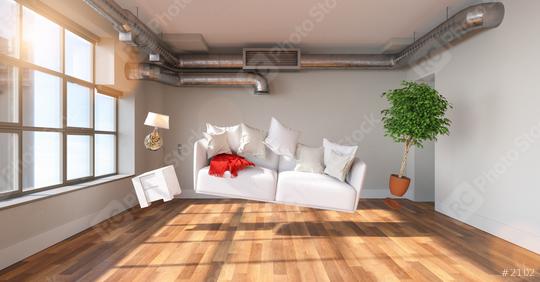 Weightlessly floating sofa and furniture fly into the air in a loft  : Stock Photo or Stock Video Download rcfotostock photos, images and assets rcfotostock | RC Photo Stock.: