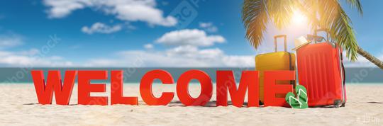 Welcome concept with slogan on the beach with Suitcase, Palm tree, flip-flops and blue sky  : Stock Photo or Stock Video Download rcfotostock photos, images and assets rcfotostock | RC Photo Stock.: