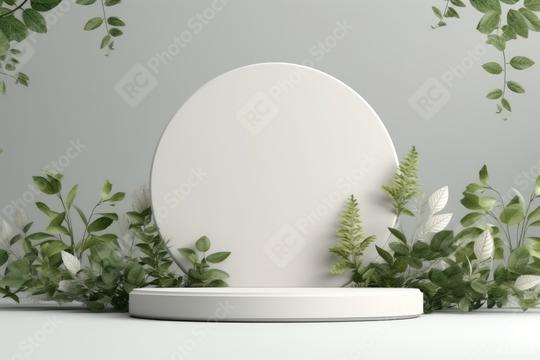White circular pedestal surrounded by assorted green plants  : Stock Photo or Stock Video Download rcfotostock photos, images and assets rcfotostock | RC Photo Stock.: