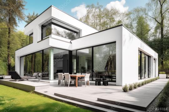 White contemporary house amidst green trees with a spacious patio  : Stock Photo or Stock Video Download rcfotostock photos, images and assets rcfotostock | RC Photo Stock.: