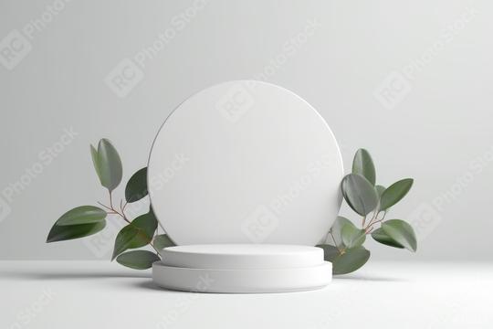 White round pedestal with green leaves on gray background  : Stock Photo or Stock Video Download rcfotostock photos, images and assets rcfotostock | RC Photo Stock.: