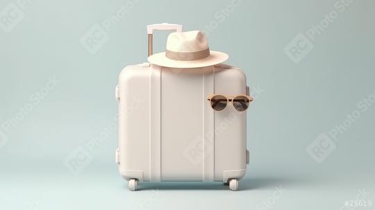 White suitcase on blue background with hat and sunglasses  : Stock Photo or Stock Video Download rcfotostock photos, images and assets rcfotostock | RC Photo Stock.: