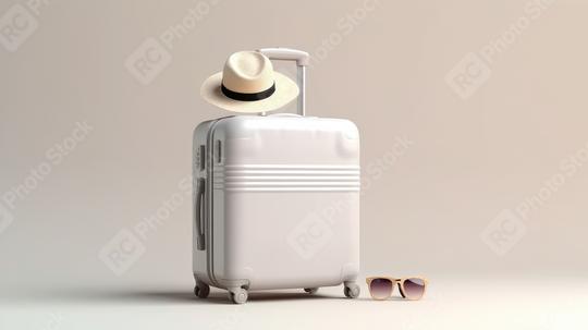 White suitcase with straw hat on top and sunglasses beside  : Stock Photo or Stock Video Download rcfotostock photos, images and assets rcfotostock | RC Photo Stock.: