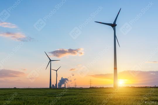 wind farm with coal power plant at sunset  : Stock Photo or Stock Video Download rcfotostock photos, images and assets rcfotostock | RC Photo Stock.: