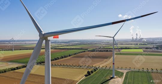 Wind turbine with coal power plant view from drone - Sustainable development, environment friendly, renewable energy concept.  : Stock Photo or Stock Video Download rcfotostock photos, images and assets rcfotostock | RC Photo Stock.: