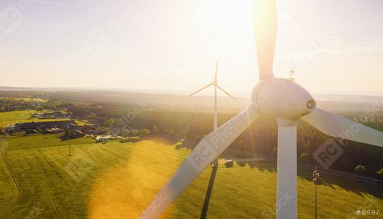 Wind turbines and agricultural fields on a summer day - Energy Production with clean and Renewable Energy - aerial shot, analog image style   : Stock Photo or Stock Video Download rcfotostock photos, images and assets rcfotostock | RC Photo Stock.: