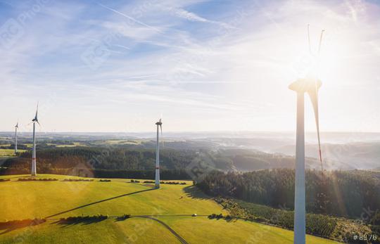 Wind turbines farm and Landscape on a summer day - Energy Production with clean and Renewable Energy - aerial drone shot  : Stock Photo or Stock Video Download rcfotostock photos, images and assets rcfotostock | RC Photo Stock.: