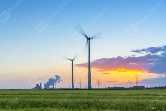 Wind turbines with coal-fired plant at sunset  : Stock Photo or Stock Video Download rcfotostock photos, images and assets rcfotostock | RC Photo Stock.: