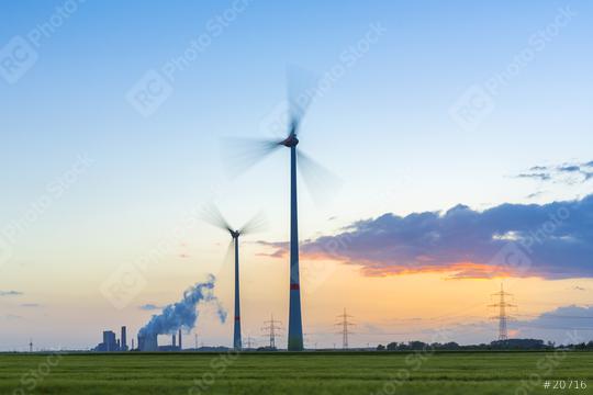Wind turbines with coal-fired plant at sunset in germany  : Stock Photo or Stock Video Download rcfotostock photos, images and assets rcfotostock | RC Photo Stock.: