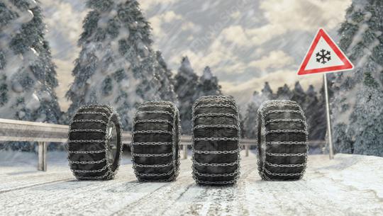 winter tires change - Beware winter is coming, Car tires with snow change on the ice road with road sign  : Stock Photo or Stock Video Download rcfotostock photos, images and assets rcfotostock | RC Photo Stock.: