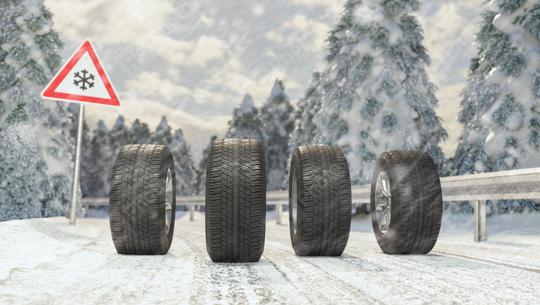 Winter tires on a snowy roadway with road sign  : Stock Photo or Stock Video Download rcfotostock photos, images and assets rcfotostock | RC Photo Stock.: