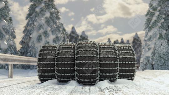 Winter tires with snow chains on a snowy roadway with crash barrier  : Stock Photo or Stock Video Download rcfotostock photos, images and assets rcfotostock | RC Photo Stock.: