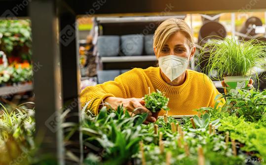 woman in a yellow sweater, wearing a protective face mask, is carefully selecting plants in an indoor nursery, holding a potted green plant. Shopping in a greenhouse or garden center concept image  : Stock Photo or Stock Video Download rcfotostock photos, images and assets rcfotostock | RC Photo Stock.: